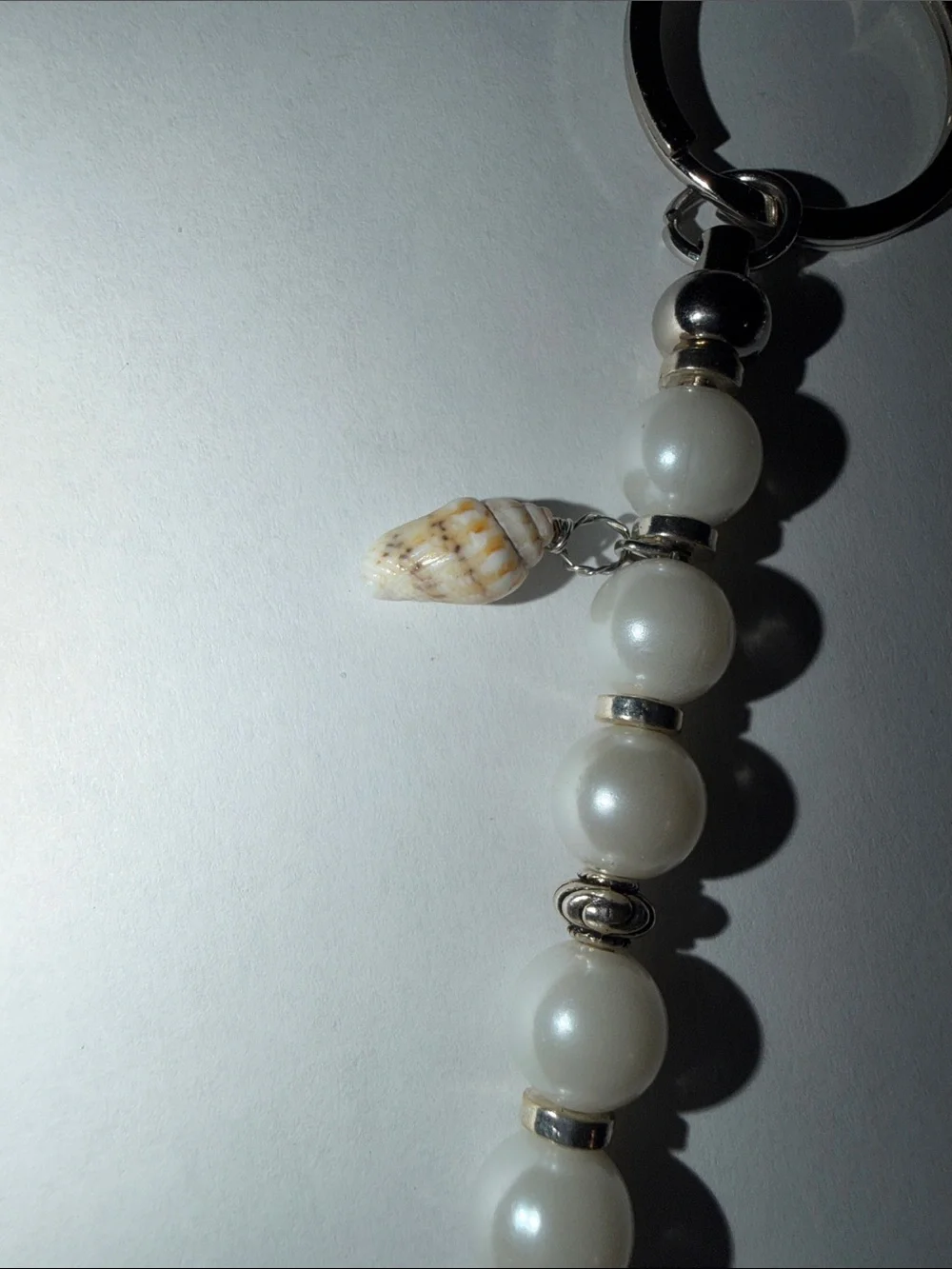 White Pearl Bead Tassel Keychain with Shell Accent